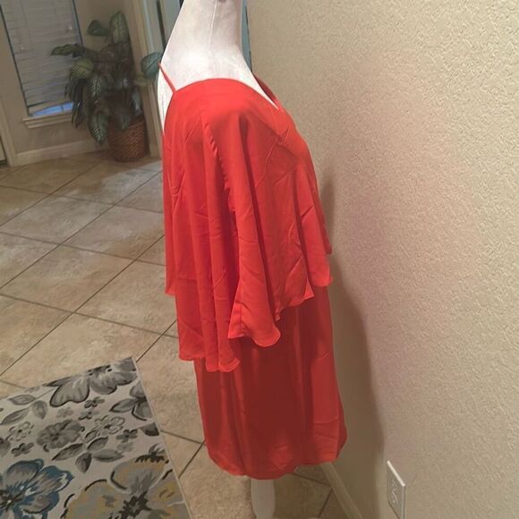 Krisa Women's Size M Layered Drape Mini Dress Coral Red Cocktail Party Flowy New - Picture 9 of 11
